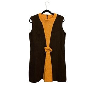 Vintage MOD Brown and Yellow Dress With Bow